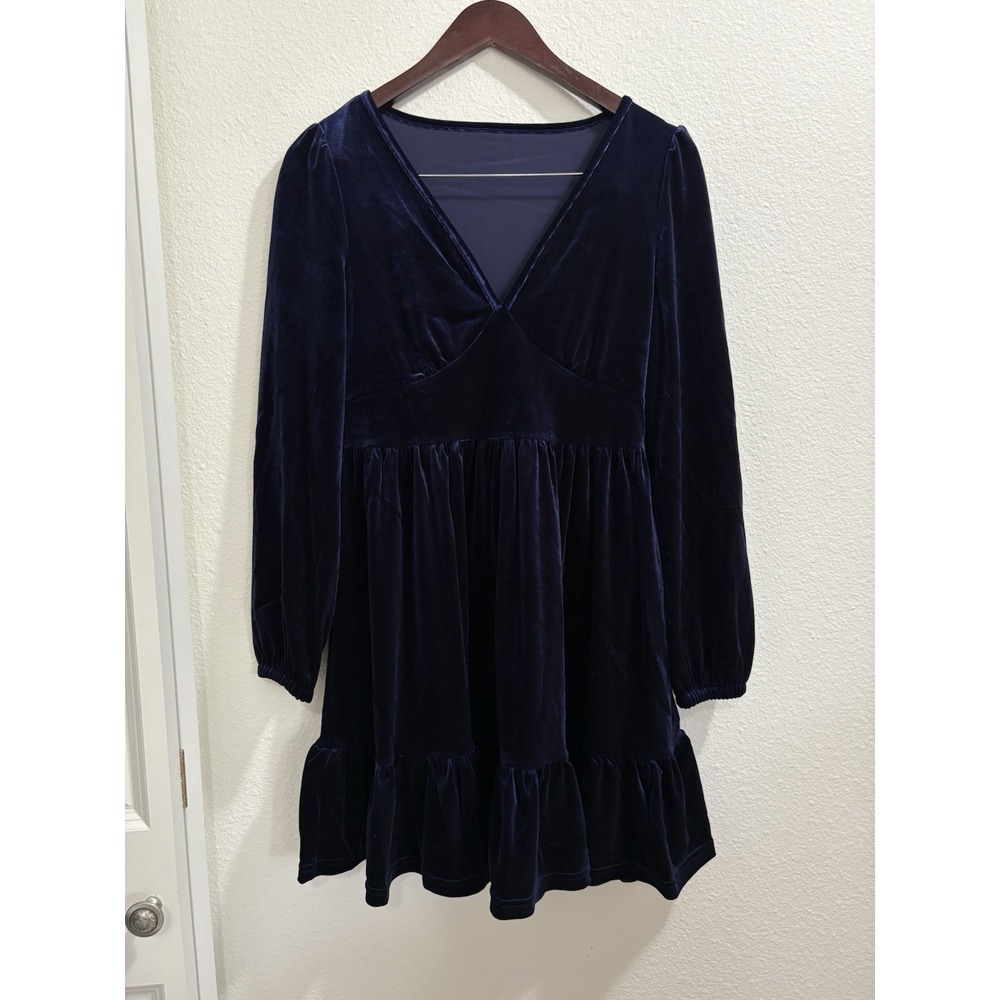 Halara Dress Womens‎ Small Blue Velvet Plunge V-Neck Long Sleeve Flowy A-Line